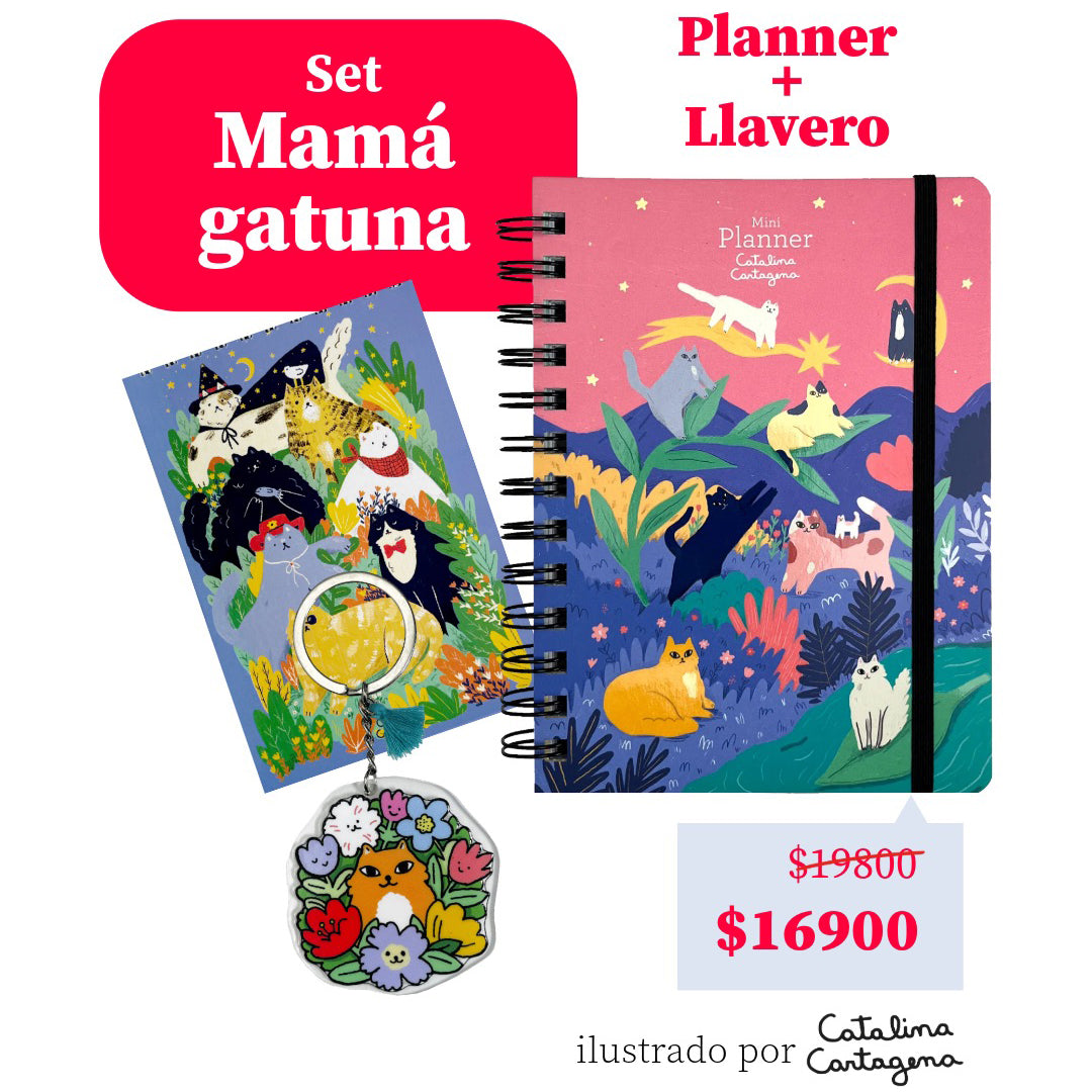 Set Mini Planner + Llavero con Postal Gatos